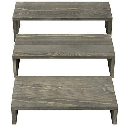  MyGift Rustic Wooden Display Stands, Set Of 3 - Vintage Gray Solid Wood Nesting Retail Riser Stands For Desserts, Collectibles And Figurines