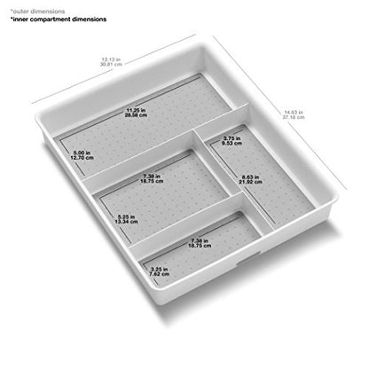  Madesmart Classic 4-Compartment Drawer Organizer Gadget Tray, Plastic Multipurpose Storage Bin For Drawers, White