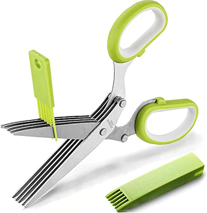  Itchen Shears Herb Scissors Set - Multipurpose Cutting Shears With 5 Stainless Steel Blades, Jute Pouches, And Safety Cover With Cleaning Comb - Cutter / Chopper / Mincer For Herbs - Kitchen Gadget