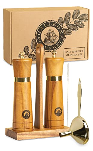  Wooden Salt And Pepper Grinder Set: Easy-Carry Stand, Refilling Funnel And Cleaning Brush: 8 Inch Acacia Wood Salt And Pepper Mills