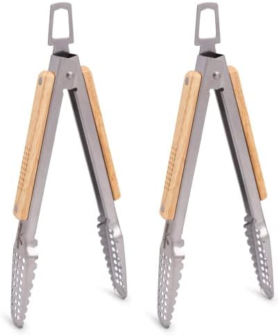 16" BBQ Grill Tongs – Kitchen & Extra Long Grilling Tongs, Stainless Steel With Durable Oak Handles, Metal Tongs For Cooking, Barbecue Tongs, Ergonomic Design