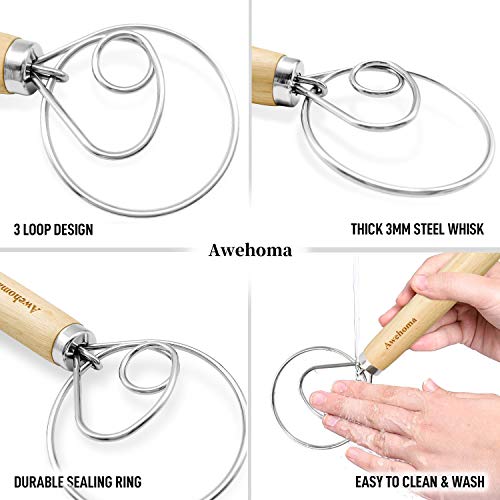  Danish Dough Whisk Large Hand Mixer - 2 Pack Large 13” Stainless Steel Wooden Danish Whisk With 2 Dough Scraper - Dutch Style Artisan Blender For Bread, Batter, Cake, Pastry - Gift For Bakers