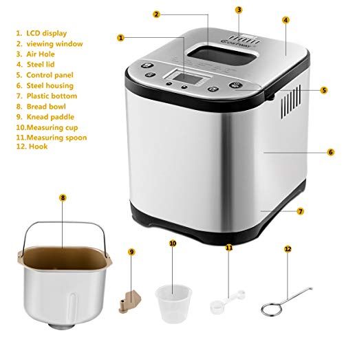  COSTWAY 2 LB Bread Maker Automatic Programmable Multifunctional Bread Machine With 15 Programs, 3 Loaf Sizes, 3 Crust Colors, 15 Hours Delay Timer, 1 Hour Keep Warm (15 Programs 710W)
