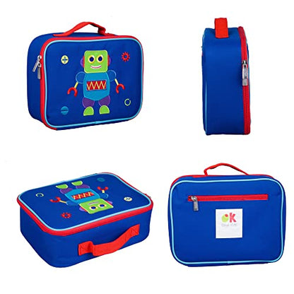  Kids Insulated Embroidered Lunch Box Bag For Boys & Girls, Measures 10 X 7.5 X 4 Inches Lunch Box For Kids, Ideal For Packing Hot Or Cold Snacks For School & Travel (Robot)