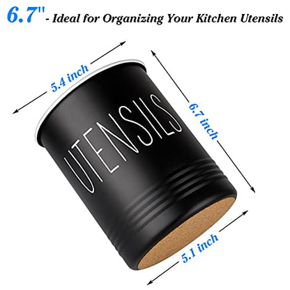  Kitchen Utensil Holder, 6.7" Utensil Holder For Kitchen Counter, Cooking Utensil Crock With Cork Bottom, Modern Farmhouse Kitchen Decor, Countertop Utensil Storage Caddy Organizer, Black