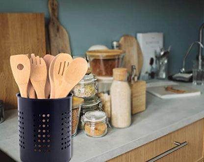  Stainless Steel Kitchen Utensil Holder - Crock Organizer Caddy - Great For Large Cooking Tools (6.3" Diameter X 7"H, Black With Holes Design)