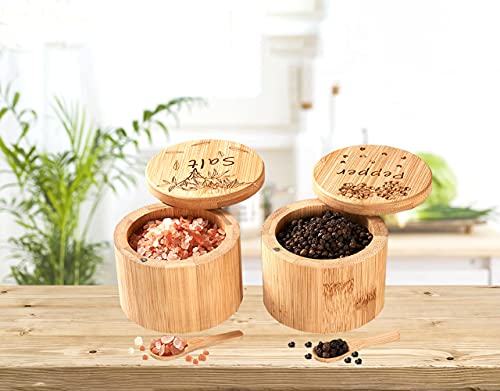 Salt Cellar, Bamboo Salt Box, Salt Container With Spoon, Salt Holder With Lid, Salt Shaker, Cumin And Pepper Bowl With Magnetic Swivel Lid (1 Box With Engraved Salt)… (2 PCS)