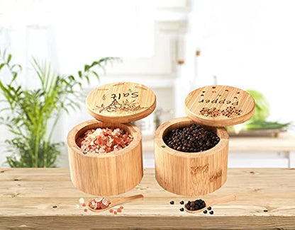  Salt Cellar, Bamboo Salt Box, Salt Container With Spoon, Salt Holder With Lid, Salt Shaker, Cumin And Pepper Bowl With Magnetic Swivel Lid (1 Box With Engraved Salt)… (2 PCS)