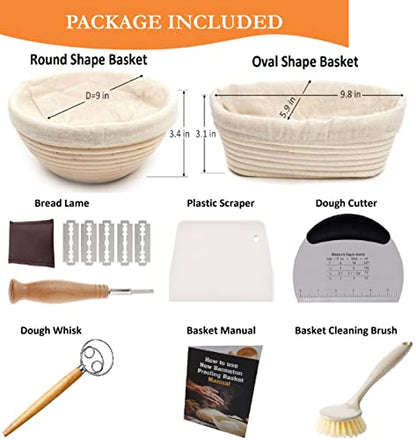  Anneton Bread Proofing Basket Set-A Complete Sourdough Proofing Basket Kit Of 9 Inch Round And 10 Inch Oval Bread Baskets With Cloth Liners Dough Scrapers Dough Whisk Bread Lame And Cleaning Brush