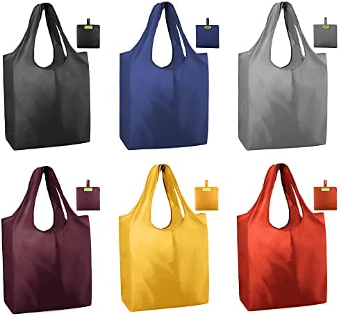  BeeGreen Shopping Bags Reusable Grocery Tote Bags 6 Pack XLarge 50LBS Ripstop Geometric Fashion Recycling Bags With Pouch Bulk Machine Washable Nylon Bags Black Gray Blue Navy Teal Christmas