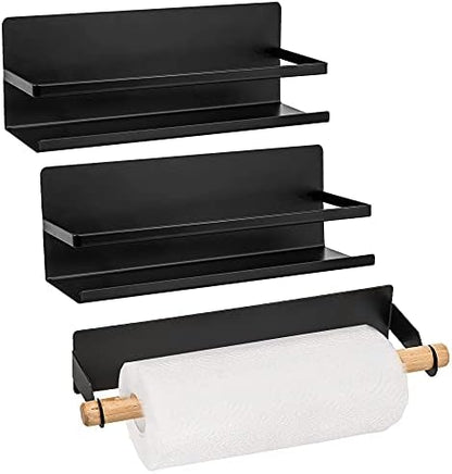  Magnetic Spice Rack Magnetic Paper Towel Holder For Refrigerator Fridge Organizer For Kitchen, Space Saver Container For Kitchen/Apartment, Drill Free, Black