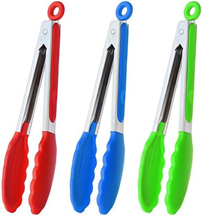  9-Inch Stainless Steel Cooking Tongs With Silicone Tips, Set Of 3 (Black)