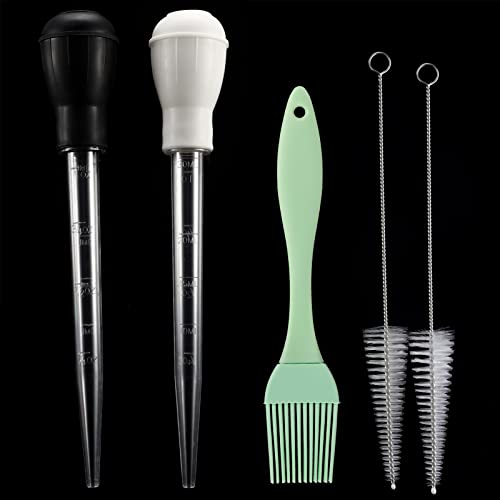  Nylon Heat-resistant Turkey Baster Cooking Set Includes Meat Baster, 1 Silicone Basting Brush And 2 Cleaning Brush For BBQ Grill Baking Kitchen Cooking (Black White, 5 Pieces)