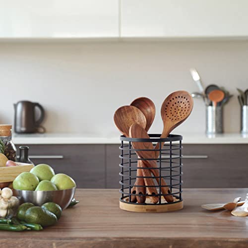  Utensil Holder For Kitchen Counter - 5.2" X 5.2" X 6" Large Round Utensils Holder With Wooden Base Matte Black Cooking Utensil Holder，Kitchen Countertop Utensil Organizer (Metal+Bamboo)