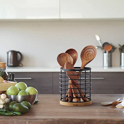  Utensil Holder For Kitchen Counter - 5.2" X 5.2" X 6" Large Round Utensils Holder With Wooden Base Matte Black Cooking Utensil Holder，Kitchen Countertop Utensil Organizer (Metal+Bamboo)
