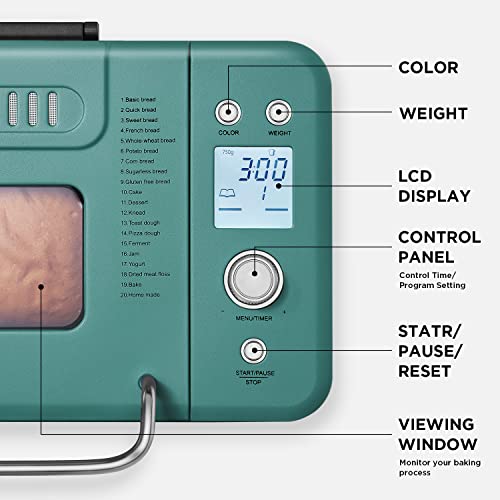  Neretva Bread Maker Machine , 20-in-1 2LB Automatic Breadmaker With Gluten Free Pizza Sourdough Setting, Digital, Programmable, 1 Hour Keep Warm, 2 Loaf Sizes, 3 Crust Colors - Receipe Booked Included (Green)
