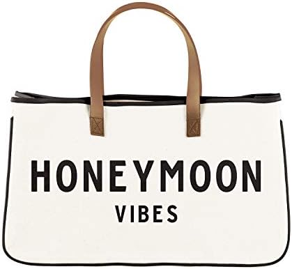  Santa Barbara Design Studio Tote Bag Wedding Collection Black And White 100% Cotton Canvas With Genuine Leather Handles, Large, Honeymoon Vibes