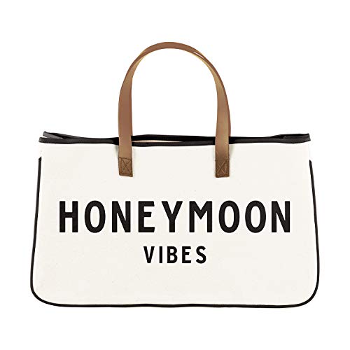  Santa Barbara Design Studio Tote Bag Wedding Collection Black And White 100% Cotton Canvas With Genuine Leather Handles, Large, Honeymoon Vibes