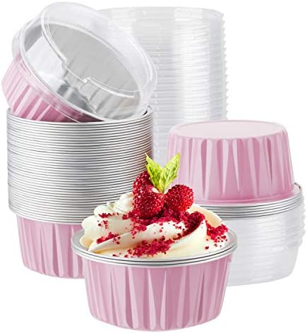  Disposable Ramekins, Gold 50pcs 5oz Mini Aluminium Foil Baking Cups With Lids Creme Brulee Cupcake Liners, Desert Cheesecake Pans Flan Molds Tin Cups Containers For Party Favor Birthday