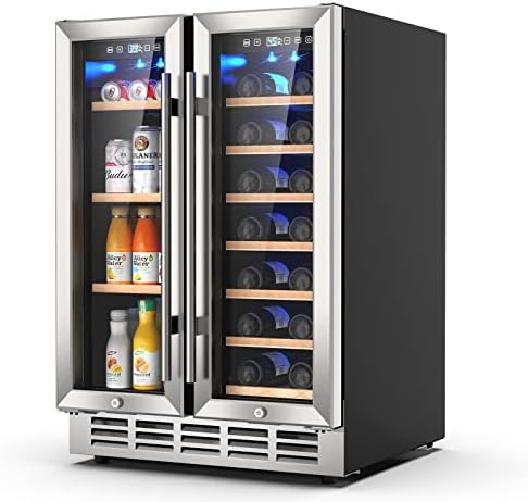  Wine And Beverage Refrigerator, 24 Inch Dual Zone Wine Fridge With Safety Locks, Under Counter Wine Cooler Beer Fridge Built-In Or Freestanding, Holds 20 Bottles And 57 Cans (Glass Door & Foam Door)
