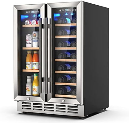  Wine And Beverage Refrigerator, 24 Inch Dual Zone Wine Fridge With Safety Locks, Under Counter Wine Cooler Beer Fridge Built-In Or Freestanding, Holds 20 Bottles And 57 Cans (Glass Door & Foam Door)