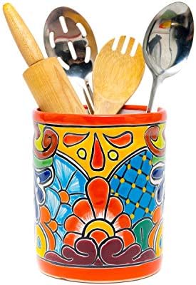  Ceramic Large Utensil Holder Spatula Crock Kitchen Counter Organizer Mexican Pottery Utensils Tools Caddy Spoon Rest White Ceramic (Cobalt Large (7.5"H X 6"W))