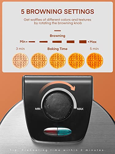  Waffle Maker, Belgian Waffle Maker 180° Flip Waffle Iron With Nonstick Plates, Classic 1" Thick Waffles, Included Recipe, Removable Drip Tray, Browning Control, 1100W, Stainless Steel
