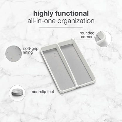  Mini 2-Compartment Plastic Utensil Tray For Drawers, Multipurpose Storage Tray Drawer Organizer, White