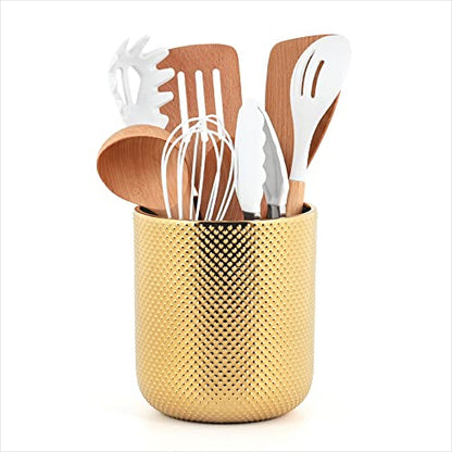  Ceramic Utensil Holder For Kitchen Counter, Cooking Utensil Holder, Gold Utensil Holder For Countertop, 5.1 W X 6.6 H Inches