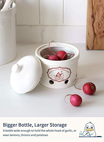  Garlic Keeper, 5 Inch Vented Ceramic Storage Container Holder, Reserve For Garlic, Onion, Lemon, Patato, Ginger Or Shallots, 1 Pack, White