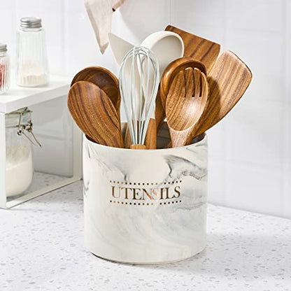  Kitchen Utensil Holder Large Utensil Holder For Countertop, Modern Ceramic Cooking Utensil Crock Heavy Spatula Holder, 6.7 Inches Gray Marble Utensils Organizer For Home Decor