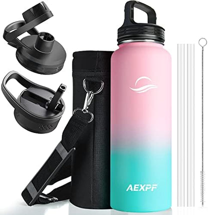  40 Oz Insulated Water Bottle, Stainless Steel Vacuum Sports Water Bottle With 3 Lids, Durable Leakproof Metal Thermos, BPA-free Water Flask Jug With Strap For Gym Camping, Indigo Black Gradient