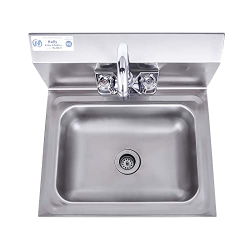  Tainless Steel Sink For Washing With Faucet, NSF Commercial Wall Mount Hand Basin For Restaurant, Kitchen And Home, 17 X 15 Inches