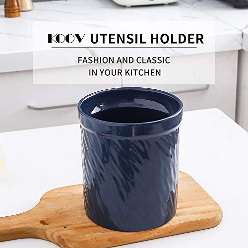  Kitchen Utensil Holder, Large Ceramic Utensil Crock, Deep And Stable, Utensils Caddy Texture Series (Dark Blue)