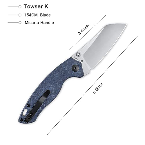 Kizer Towser K Folding Pocket Knife, 154CM Steel Sheepsfoot Blade Cleaver Knife With Blue Richlite Handle For Everyday Carry