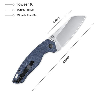 Kizer Towser K Folding Pocket Knife, 154CM Steel Sheepsfoot Blade Cleaver Knife With Blue Richlite Handle For Everyday Carry