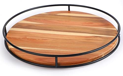  12" Acacia Wood Lazy Susan Turntable, Tomoaza Kitchen Organizer Turntable With Steel Sides, 360 Degree Turntable For Countertop Cabinet Or Dining Table(Black)