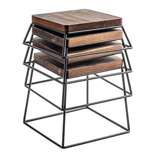  Burnt Wood & Black Metal Wire Square Retail Food Display Risers/Pizza Stands, Set Of 4