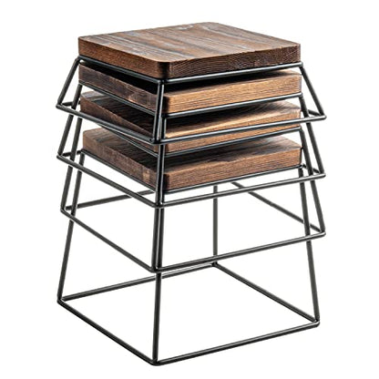  Burnt Wood & Black Metal Wire Square Retail Food Display Risers/Pizza Stands, Set Of 4
