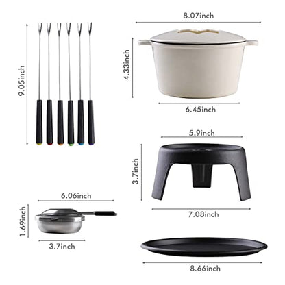  Artestia Cast Iron Fondue Pot Set For Meat, Chocolate & Cheese Fondue Pot Set With 6 Fondue Forks, Cheese Fondue Set Serve 6 Persons(White)