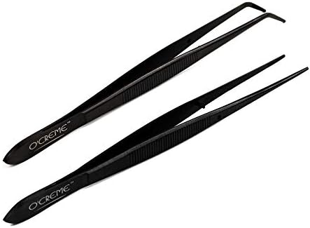  Reme Blue Stainless Steel Precision Kitchen Culinary Fine-Tip Tweezer Tongs, 1 With Curved Tip And 1 With Straight Tip