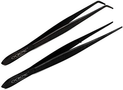  Reme Blue Stainless Steel Precision Kitchen Culinary Fine-Tip Tweezer Tongs, 1 With Curved Tip And 1 With Straight Tip