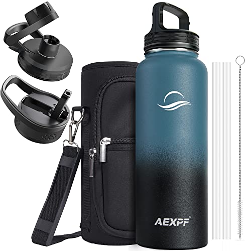  40 Oz Insulated Water Bottle, Stainless Steel Vacuum Sports Water Bottle With 3 Lids, Durable Leakproof Metal Thermos, BPA-free Water Flask Jug With Strap For Gym Camping, Indigo Black Gradient
