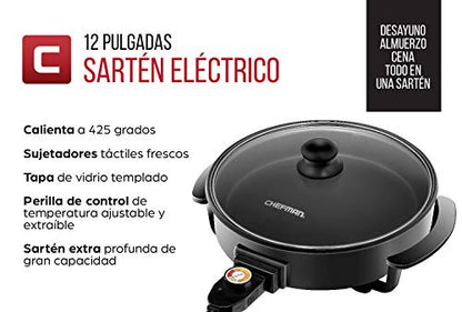  RJ05-12-RO 1400 Watt Electric Skillet 12 Inch Round Frying Pan With Non Stick Coating And Tempered Glass Lid, Black