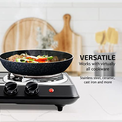 Vente Electric Double Coil Burner 6 & 5.75 Inch Hot Plate Cooktop With Temperature Control And Easy To Clean Stainless Steel Base, 1700W Portable Countertop Stove For Home Or Dorm, Black BGC102B