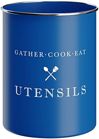  White Utensil Holder For Kitchen Countertop, Farmhouse Metal Utensil Crock, Rustic Country Decorative Kitchen Utensil Caddy Large, 5.5x6.75