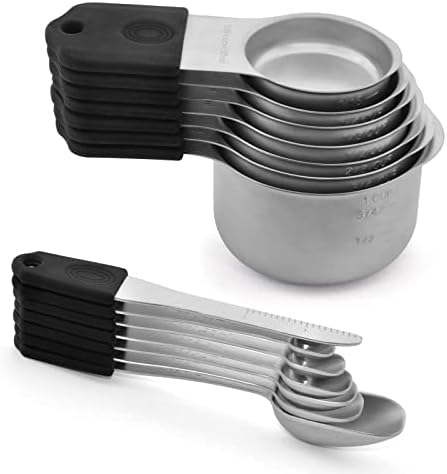  Agnetic Measuring Cups And Spoons Set, Stainless Steel Metal Stackable Nesting Measure Cups,Teaspoon, Tablespoon, 14 Pcs Silicone Handle Kitchen Cooking & Baking Tools, 7 Cups & 6 Spoons &1 Leveler