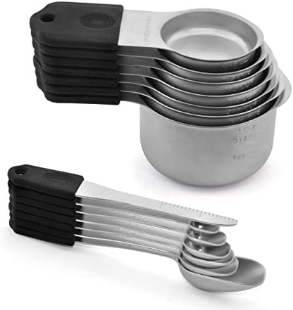  Agnetic Measuring Cups And Spoons Set, Stainless Steel Metal Stackable Nesting Measure Cups,Teaspoon, Tablespoon, 14 Pcs Silicone Handle Kitchen Cooking & Baking Tools, 7 Cups & 6 Spoons &1 Leveler