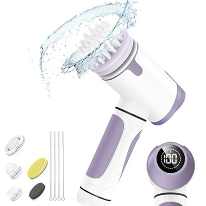  Electric Spin Scrubber Cordless - Electric Cleaning Brush For Bathroom,Power Shower Scrubber Cleaning With LED Display For Tub,Floor,Tile,Window,Kitchen,6 Replaceable Brush Heads,Dual Speed