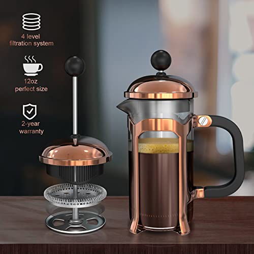  French Press Coffee Maker, Stainless Steel Small French Press 12 Oz Glass 4 Level Filtration System, Durable Heat Resistant Borosilicate Coffee Presser Single Cup